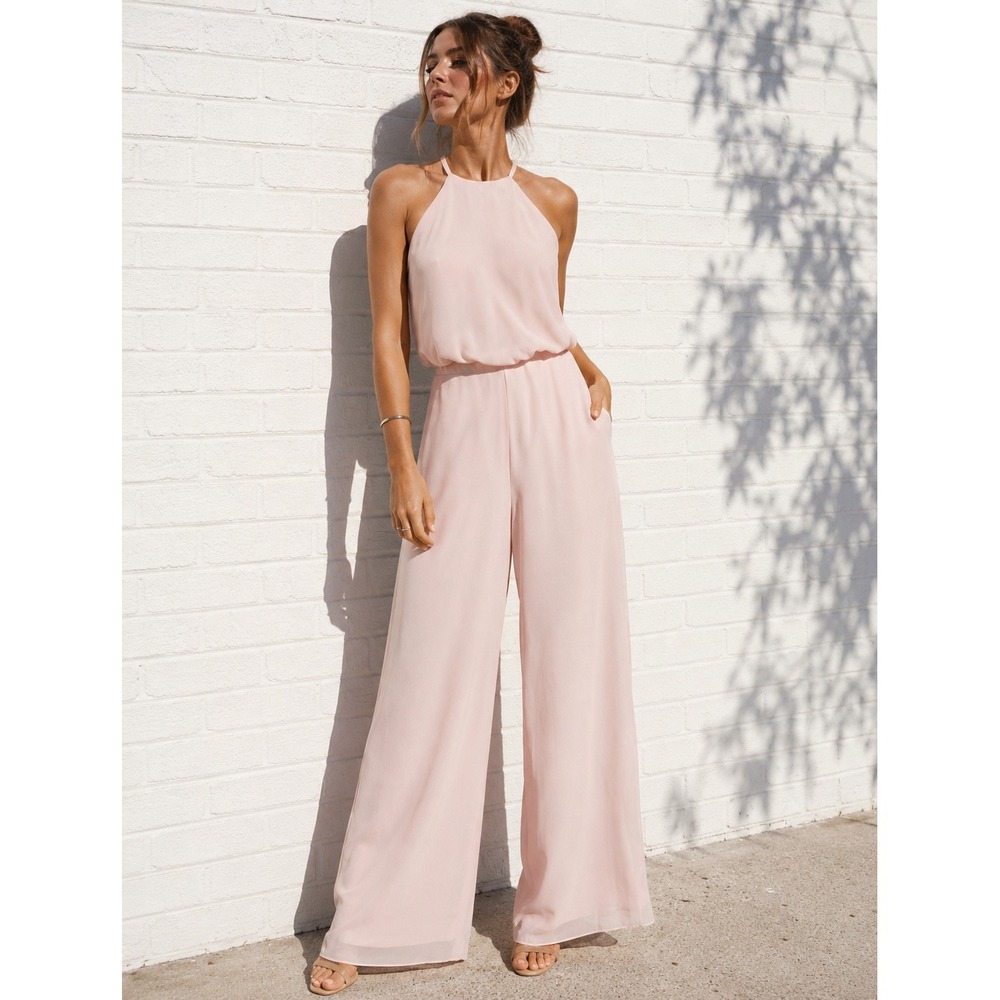 JJ's Sidonia House Blush Pink Halter Wide Leg Jumpsuit Wedding Guest Size S
